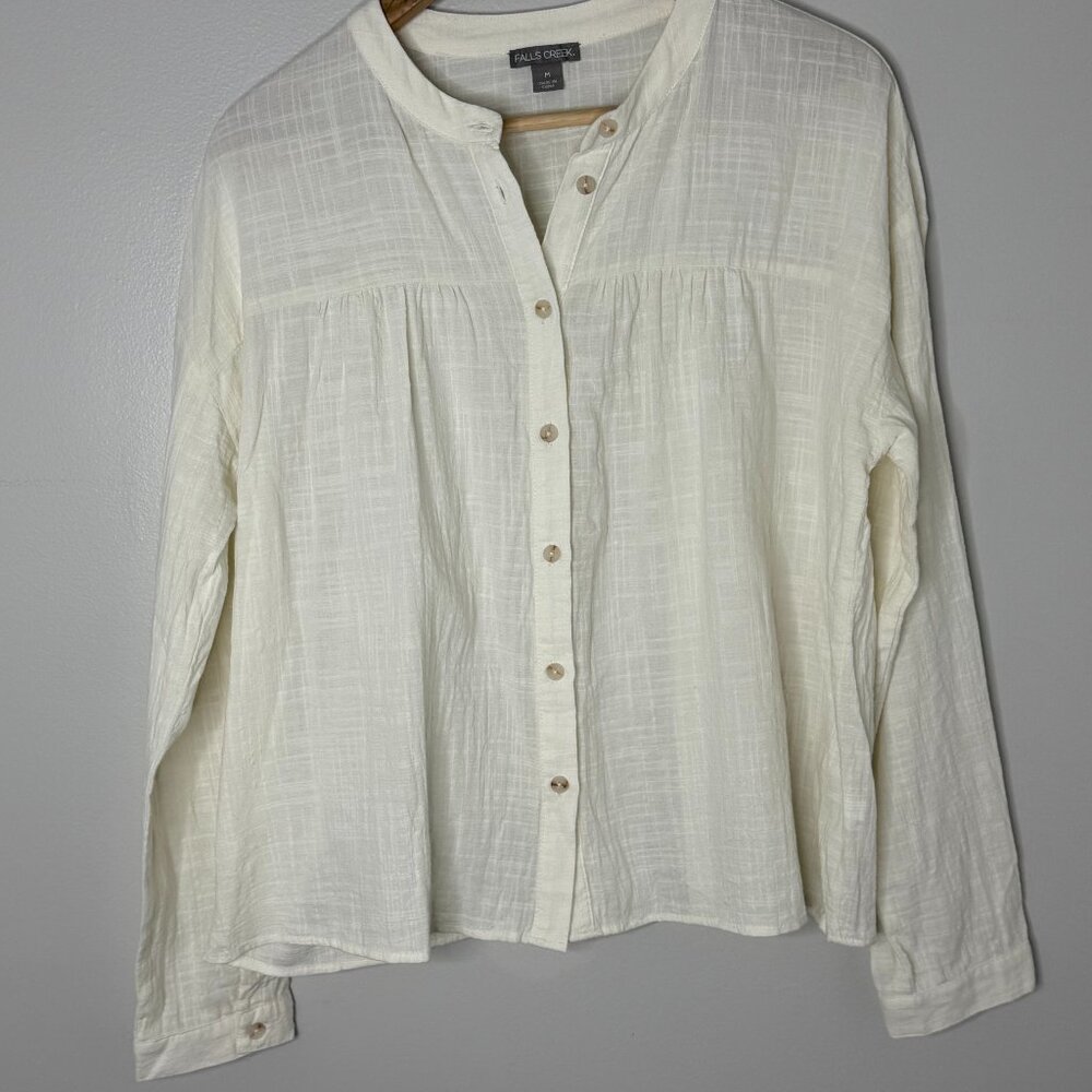 Falls Creek Women's Size Medium Cream Button Down Blouse Coastal Beach